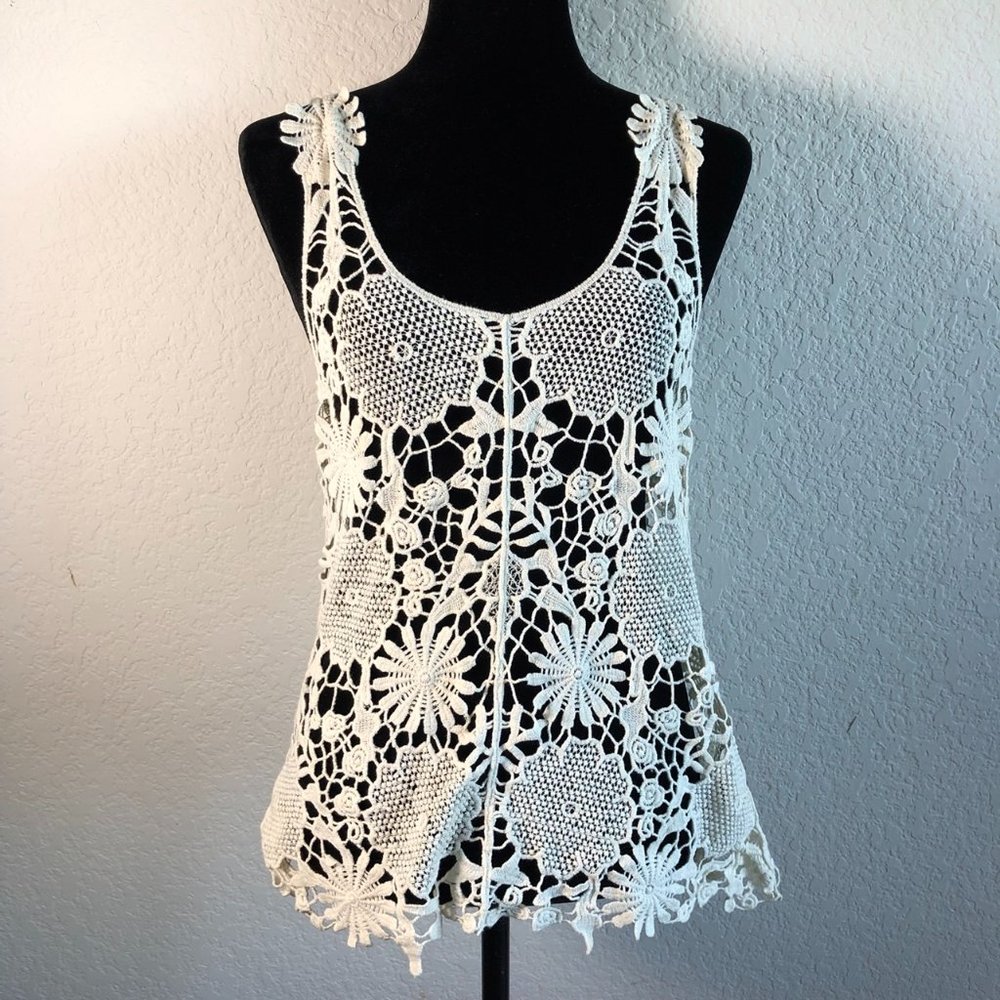 Le Dor Ivory White Crochet Lace Boho Tank Top Cover Up Size Medium
